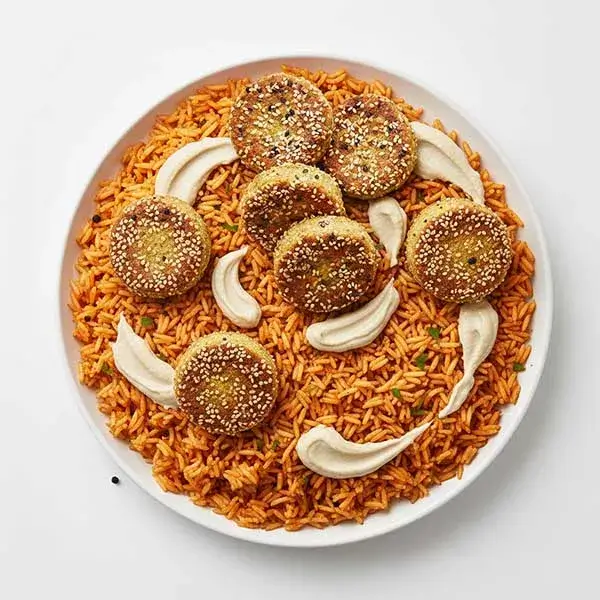 Sesame Crusted Falafel Rice Bowl With Baba Ghanoush